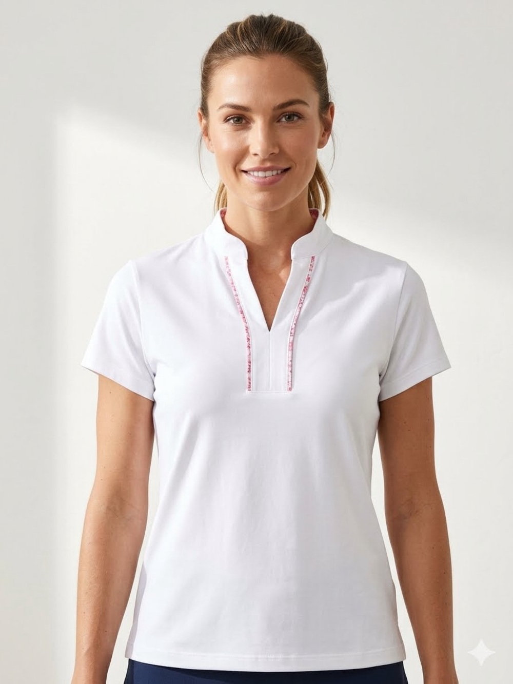 Lady Hagen White Short-Sleeve Polo with Pink Trim EUC Size L